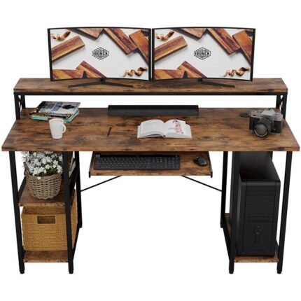 IRONCK Industrial Computer Desk 55", Home Office Desk with Printer Monitor Stand Large Workstation with Storage Shelves and CPU Stand, Studying Writing Table for Home Office, Vintage Brown