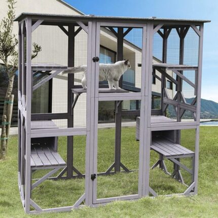 Aivituvin Cat Enclosure, 5-Platform Cat House Outdoor with Asphalt Roof, Wooden, 71 in